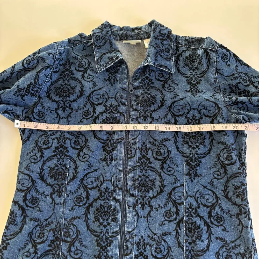 Vintage Chico’s Design Blue Denim Jacket Black Velvet Floral Damask Pattern Sz 2